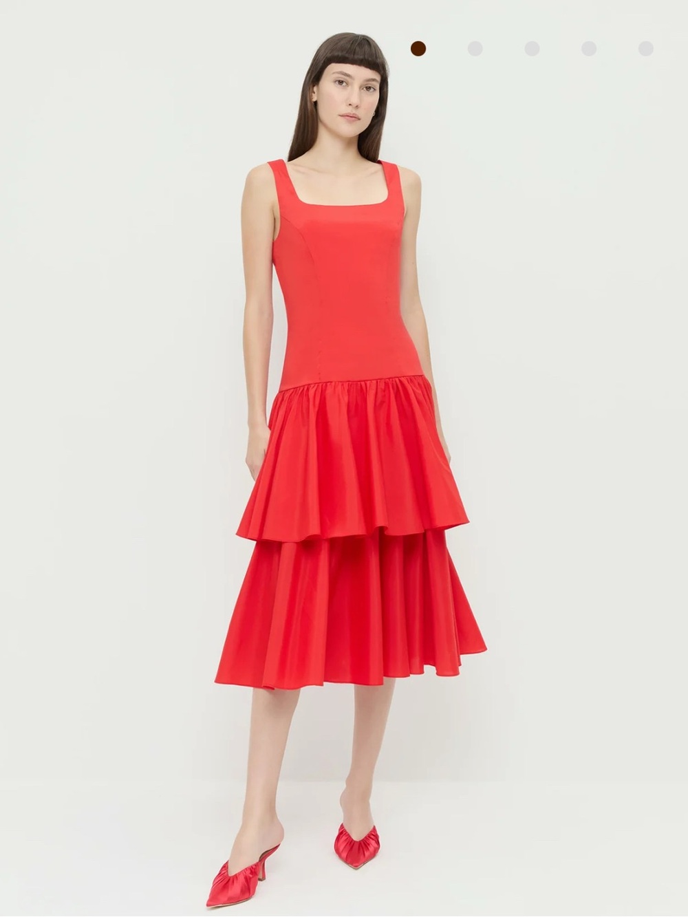 Loeffler Randall Red Tiered Square-Neck Midi Dress
